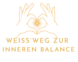 Goldenes Logo von Rosmary WEISS mit zwei Händen in Herzform und dem Schriftzug: WEISS’ Weg zur inneren Balance