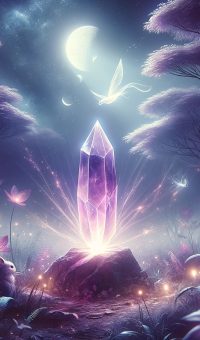 Kristall der Intuition – Violetter Kristall im Mondlicht mit Feen und leuchtenden Blüten als Symbol für innere Weisheit und spirituelle Führung