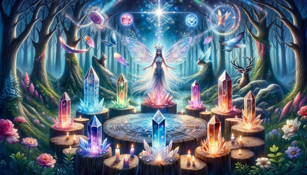 Deckblatt der Kartenreihe „Kristalle für die Seele“ mit leuchtendem Kristallkreis, Lichtwesen und magischer Atmosphäre