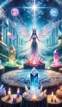 Kristall für die Seele: Deckblatt der Kartenreihe „Kristalle für die Seele“ mit leuchtendem Kristallkreis, Lichtwesen und magischer Atmosphäre