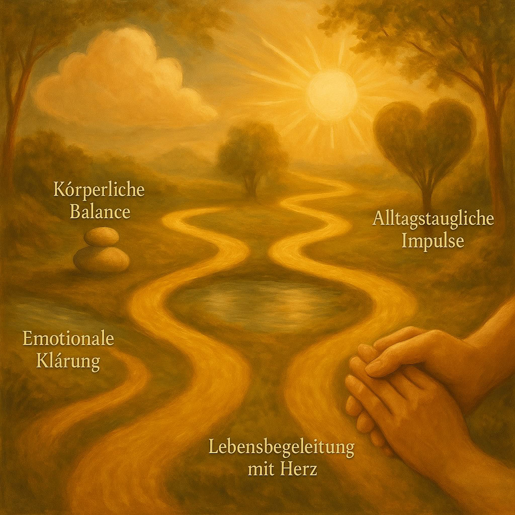 ich biete: Symbolische Darstellung der 5 Wege von Rosmary Weiss: Emotionale Klärung, Körperliche Balance, Mentale Stärkung, Alltagstaugliche Impulse, Lebensbegleitung mit Herz