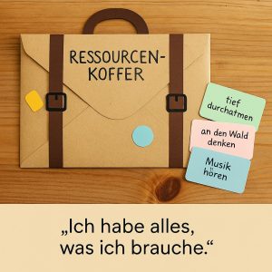 Kurse: Symbolbild zum Resilienz-Kurs von Rosmary Weiss: gebastelter Koffer mit stärkenden Ressourcen wie Musik, Atmung, Waldgedanken