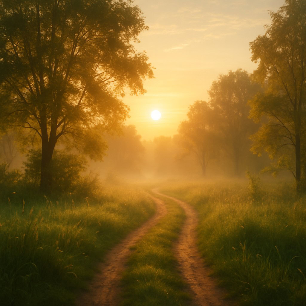 Ein sonniger Waldweg im Morgendunst – symbolisch für Rosmary Weiss’ Lebensweg durch Schmerz zur inneren Heilung