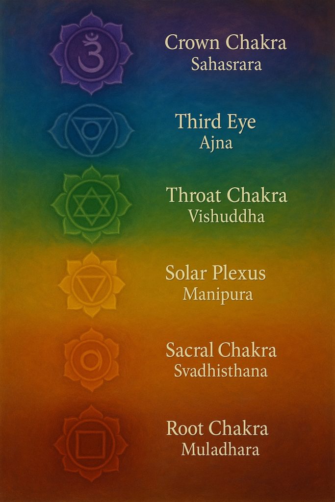 Reiki: Illustration der 7 Chakras mit Farben und Symbolen: Sahasrara, Ajna, Vishuddha, Manipura, Svadhisthana, Muladhara